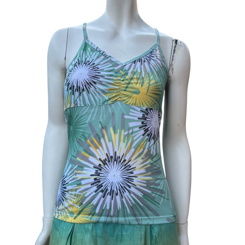 Prana Cami Tank Top Floral Burst Cinched Shelf Bra Green Boho Y2K Bohemian Sz M